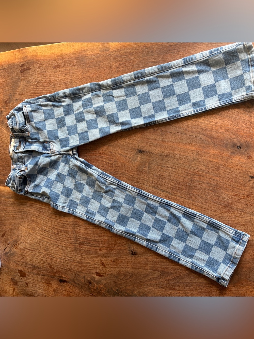 abercrombie kids Light Blue & White Checkered Skinny Jeans